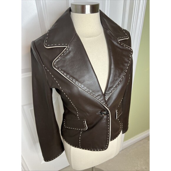 Wilsons Leather Blazer Jacket Brown Retro Piping Whipstitch Structured S Vintage - Picture 2 of 16
